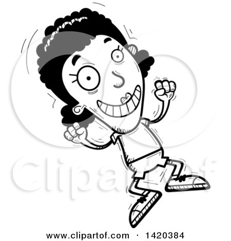 Clipart of a Cartoon Black and White Lineart Doodled Black Woman Jumping for Joy - Royalty Free Vector Illustration by Cory Thoman