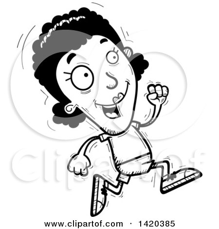 Clipart of a Cartoon Black and White Lineart Doodled Black Woman Running - Royalty Free Vector Illustration by Cory Thoman