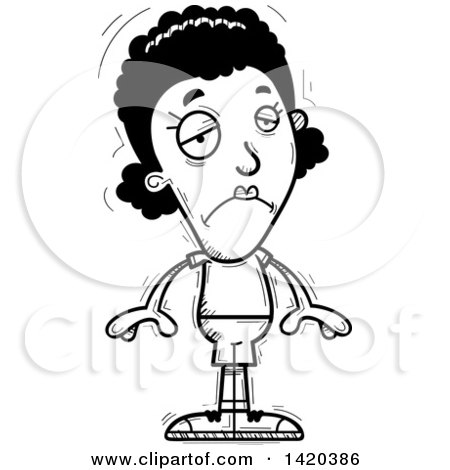 Clipart of a Cartoon Black and White Lineart Doodled Black Woman Pouting - Royalty Free Vector Illustration by Cory Thoman