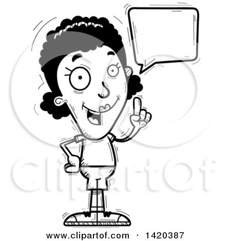Clipart of a Cartoon Black and White Lineart Doodled Black Woman Holding up a Finger and Talking - Royalty Free Vector Illustration by Cory Thoman