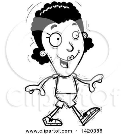Clipart of a Cartoon Black and White Lineart Doodled Black Woman Walking - Royalty Free Vector Illustration by Cory Thoman