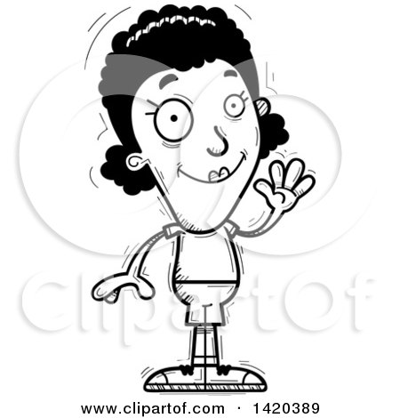 Clipart of a Cartoon Black and White Lineart Doodled Friendly Black Woman Waving - Royalty Free Vector Illustration by Cory Thoman