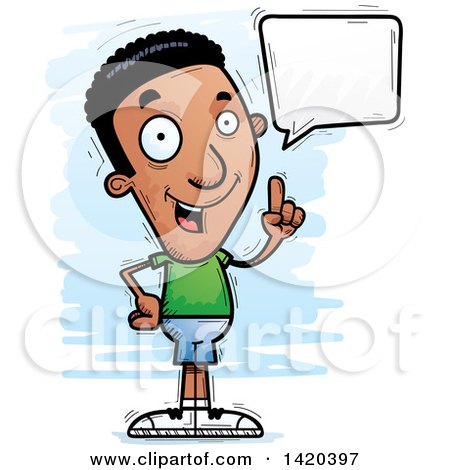Clipart of a Cartoon Doodled Black Man Holding up a Finger and Talking - Royalty Free Vector Illustration by Cory Thoman