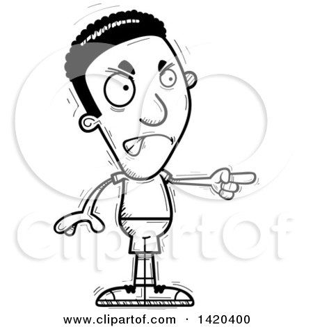 Clipart of a Cartoon Black and White Lineart Doodled Angry Black Man Pointing - Royalty Free Vector Illustration by Cory Thoman