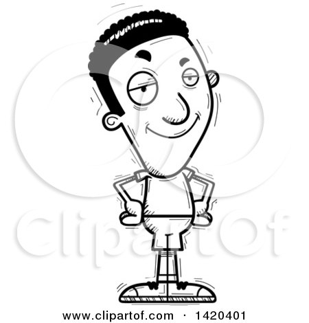 Clipart of a Cartoon Black and White Lineart Doodled Confident Black Man - Royalty Free Vector Illustration by Cory Thoman