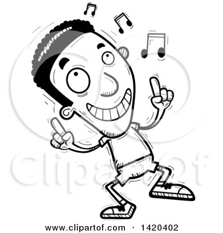 Clipart of a Cartoon Black and White Lineart Doodled Black Man Dancing to Music - Royalty Free Vector Illustration by Cory Thoman