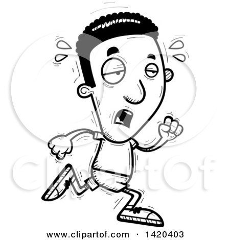Clipart of a Cartoon Black and White Lineart Doodled Exhausted Black Man Running - Royalty Free Vector Illustration by Cory Thoman