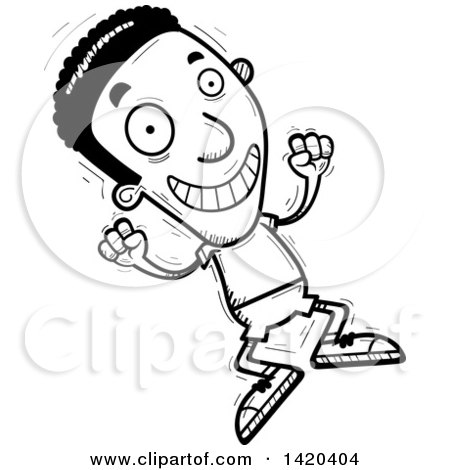 Clipart of a Cartoon Black and White Lineart Doodled Black Man Jumping for Joy - Royalty Free Vector Illustration by Cory Thoman