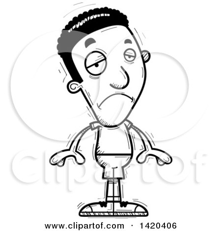 Clipart of a Cartoon Black and White Lineart Doodled Black Man Pouting - Royalty Free Vector Illustration by Cory Thoman