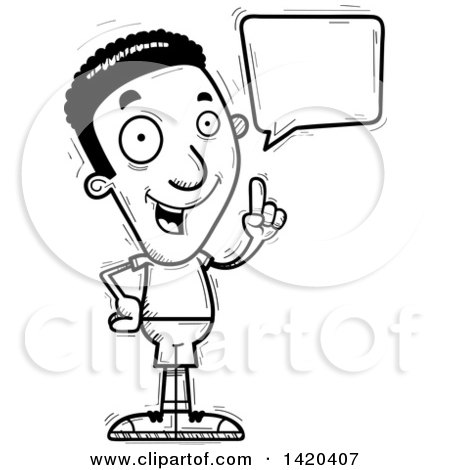 Clipart of a Cartoon Black and White Lineart Doodled Black Man Holding up a Finger and Talking - Royalty Free Vector Illustration by Cory Thoman