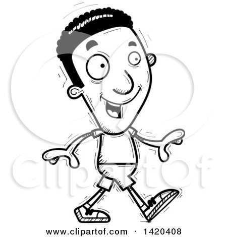 Clipart of a Cartoon Black and White Lineart Doodled Black Man Walking - Royalty Free Vector Illustration by Cory Thoman