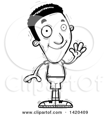 Clipart of a Cartoon Black and White Lineart Doodled Friendly Black Man Waving - Royalty Free Vector Illustration by Cory Thoman