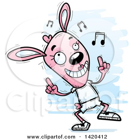 Clipart of a Cartoon Doodled Pink Female Rabbit Dancing to Music - Royalty Free Vector Illustration by Cory Thoman