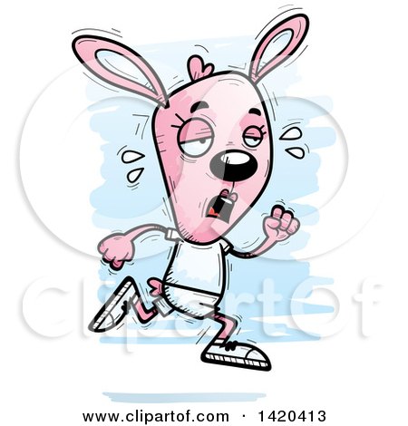 Clipart of a Cartoon Doodled Exhausted Pink Female Rabbit Running - Royalty Free Vector Illustration by Cory Thoman