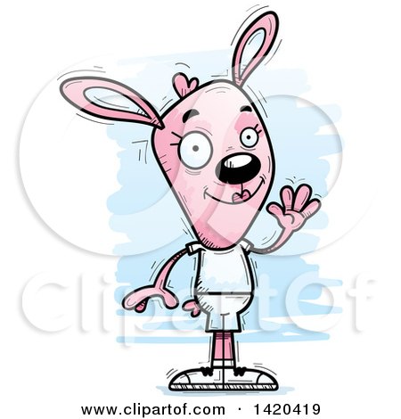 Clipart of a Cartoon Doodled Friendly Pink Female Rabbit Waving - Royalty Free Vector Illustration by Cory Thoman