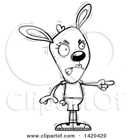 Clipart of a Cartoon Black and White Lineart Doodled Angry Female Rabbit Pointing - Royalty Free Vector Illustration by Cory Thoman
