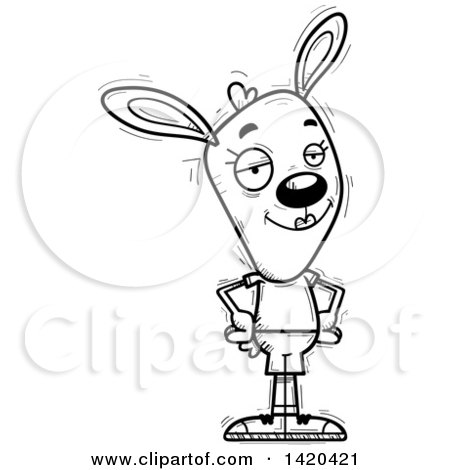 Clipart of a Cartoon Black and White Lineart Doodled Confident Female Rabbit - Royalty Free Vector Illustration by Cory Thoman