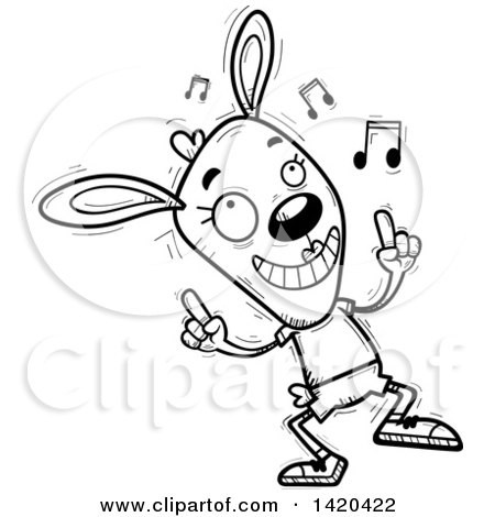 Clipart of a Cartoon Black and White Lineart Doodled Female Rabbit Dancing to Music - Royalty Free Vector Illustration by Cory Thoman