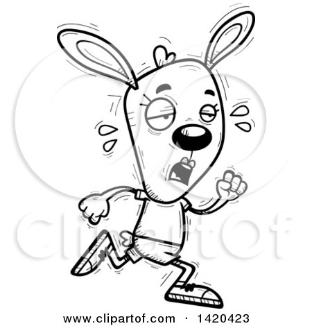 Clipart of a Cartoon Black and White Lineart Doodled Exhausted Female Rabbit Running - Royalty Free Vector Illustration by Cory Thoman