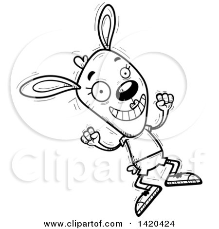 Clipart of a Cartoon Black and White Lineart Doodled Female Rabbit Jumping for Joy - Royalty Free Vector Illustration by Cory Thoman