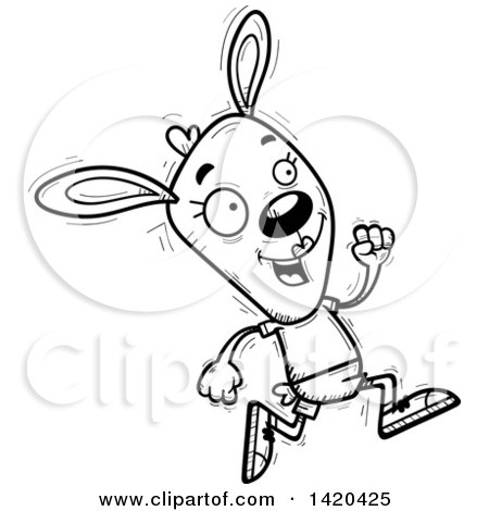 Clipart of a Cartoon Black and White Lineart Doodled Female Rabbit Running - Royalty Free Vector Illustration by Cory Thoman