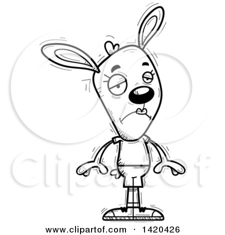 Clipart of a Cartoon Black and White Lineart Doodled Female Rabbit Pouting - Royalty Free Vector Illustration by Cory Thoman
