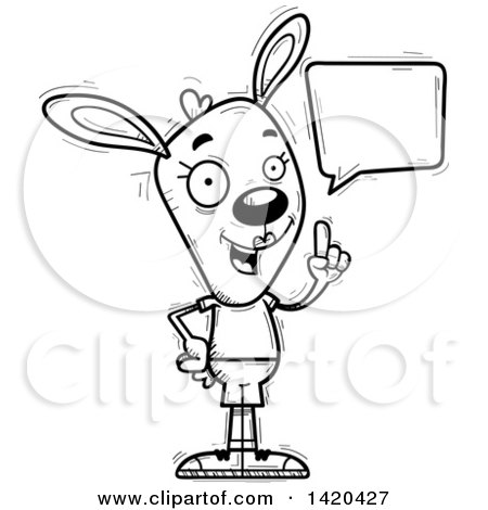 Clipart of a Cartoon Black and White Lineart Doodled Female Rabbit Holding up a Finger and Talking - Royalty Free Vector Illustration by Cory Thoman