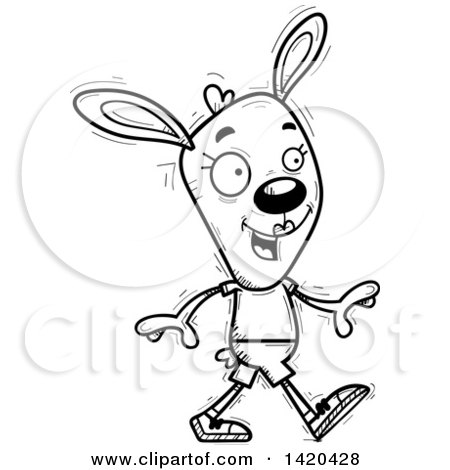 Clipart of a Cartoon Black and White Lineart Doodled Female Rabbit Walking - Royalty Free Vector Illustration by Cory Thoman