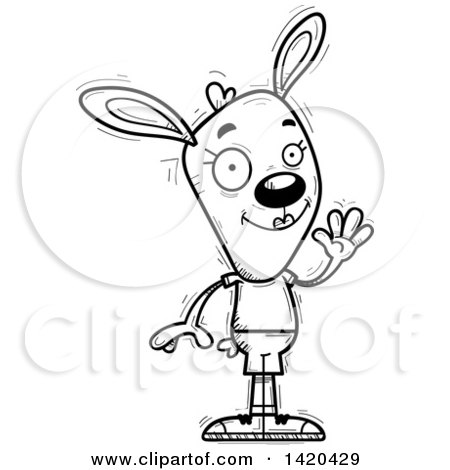 Clipart of a Cartoon Black and White Lineart Doodled Friendly Female Rabbit Waving - Royalty Free Vector Illustration by Cory Thoman
