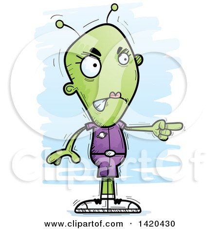 Clipart of a Cartoon Doodled Female Alien Angrily Pointing - Royalty Free Vector Illustration by Cory Thoman