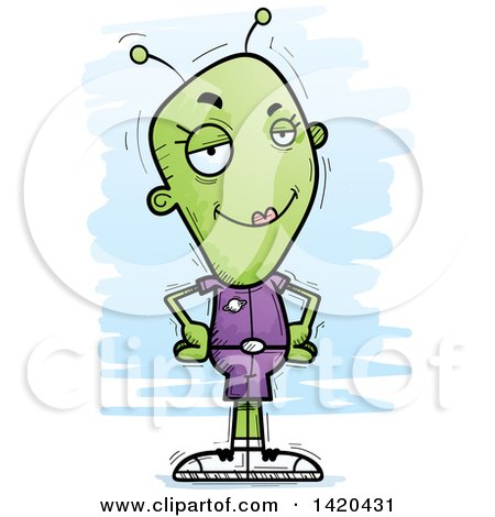 Clipart of a Cartoon Doodled Confident Female Alien - Royalty Free Vector Illustration by Cory Thoman