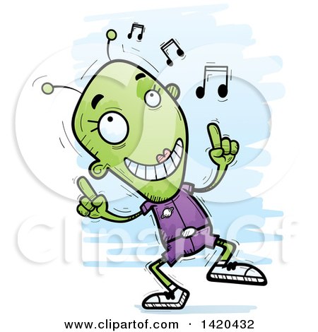 Clipart of a Cartoon Doodled Female Alien Dancing to Music - Royalty Free Vector Illustration by Cory Thoman