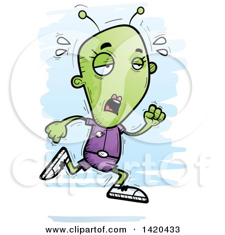 Clipart of a Cartoon Doodled Exhausted Female Alien Running - Royalty Free Vector Illustration by Cory Thoman
