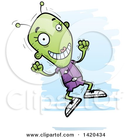 Clipart of a Cartoon Doodled Happy Jumping Female Alien - Royalty Free Vector Illustration by Cory Thoman