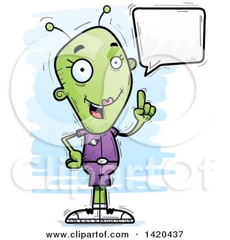 Clipart of a Cartoon Doodled Female Alien Holding up a Finger and Talking - Royalty Free Vector Illustration by Cory Thoman