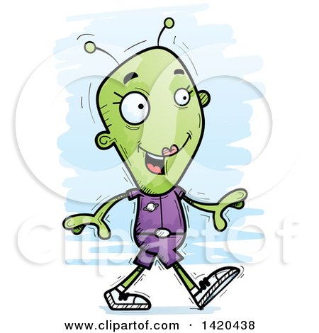 Clipart of a Cartoon Doodled Female Alien Walking - Royalty Free Vector Illustration by Cory Thoman