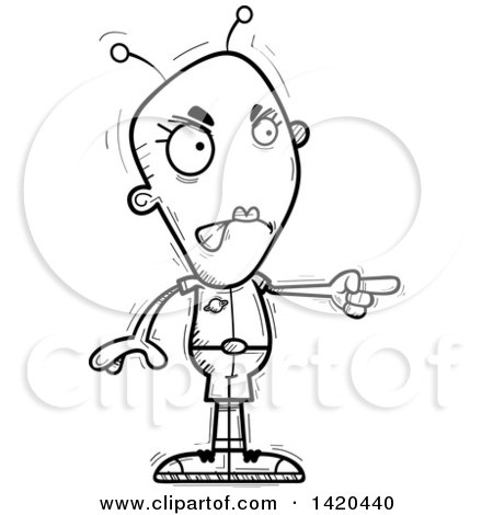 Clipart of a Cartoon Black and White Lineart Doodled Female Alien Angrily Pointing - Royalty Free Vector Illustration by Cory Thoman