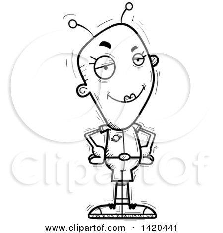 Clipart of a Cartoon Black and White Lineart Doodled Confident Female Alien - Royalty Free Vector Illustration by Cory Thoman