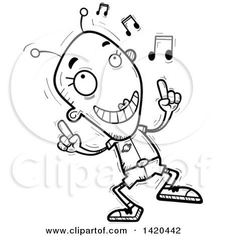 Clipart of a Cartoon Black and White Lineart Doodled Female Alien Dancing to Music - Royalty Free Vector Illustration by Cory Thoman