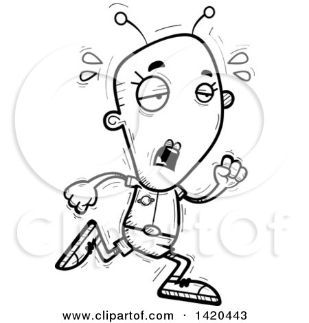 Clipart of a Cartoon Black and White Lineart Doodled Exhausted Female Alien Running - Royalty Free Vector Illustration by Cory Thoman