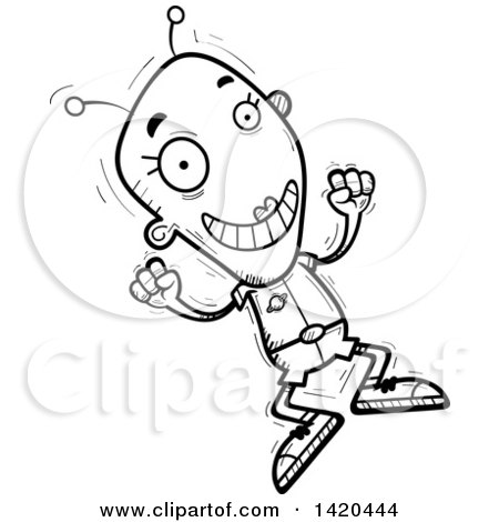 Clipart of a Cartoon Black and White Lineart Doodled Happy Jumping Female Alien - Royalty Free Vector Illustration by Cory Thoman