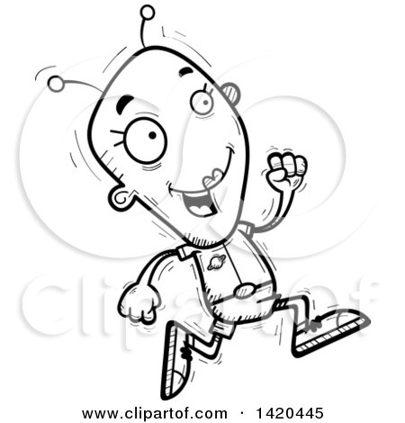 Clipart of a Cartoon Black and White Lineart Doodled Female Alien - Royalty Free Vector Illustration by Cory Thoman