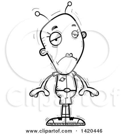 Clipart of a Cartoon Black and White Lineart Doodled Sad Female Alien - Royalty Free Vector Illustration by Cory Thoman