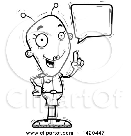 Clipart of a Cartoon Black and White Lineart Doodled Female Alien Holding up a Finger and Talking - Royalty Free Vector Illustration by Cory Thoman