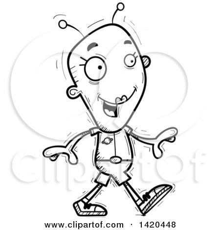 Clipart of a Cartoon Black and White Lineart Doodled Female Alien Walking - Royalty Free Vector Illustration by Cory Thoman