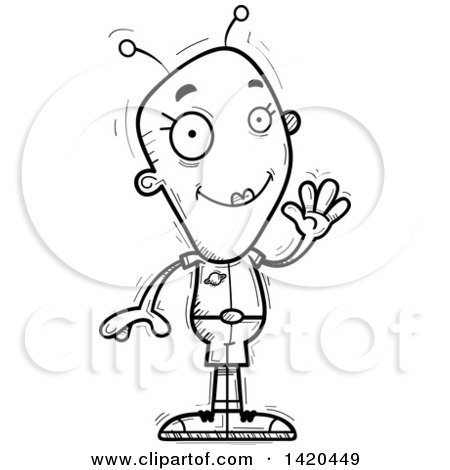 Clipart of a Cartoon Black and White Lineart Doodled Friendly Female Alien Waving - Royalty Free Vector Illustration by Cory Thoman