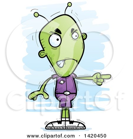 Clipart of a Cartoon Doodled Mad Alien Pointing - Royalty Free Vector Illustration by Cory Thoman