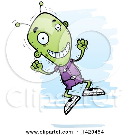 Clipart of a Cartoon Doodled Excited Alien Jumping - Royalty Free Vector Illustration by Cory Thoman