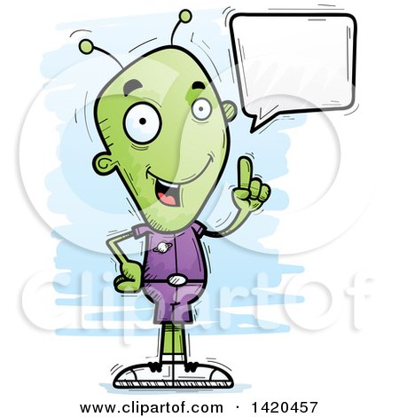 Clipart of a Cartoon Doodled Alien Holding up a Finger and Talking - Royalty Free Vector Illustration by Cory Thoman