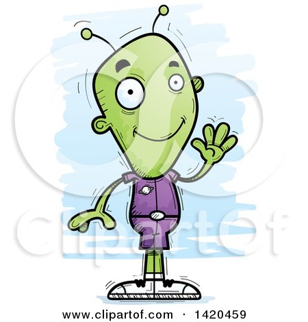 Clipart of a Cartoon Doodled Friendly Alien Waving - Royalty Free Vector Illustration by Cory Thoman